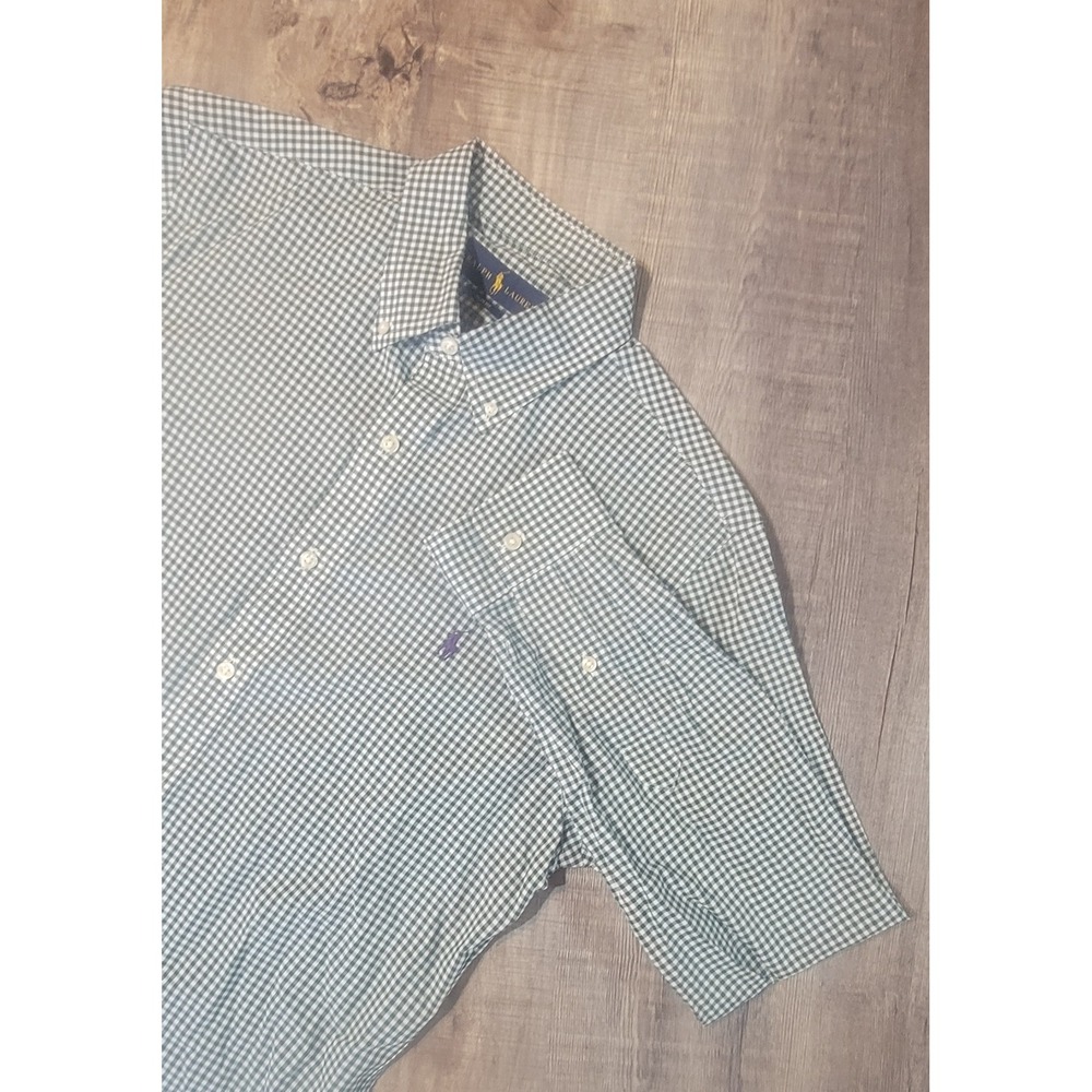 Ralph Lauren Mens Slim Fit Gingham Shirt Green White Long Sleeve Cotton M 15.5
